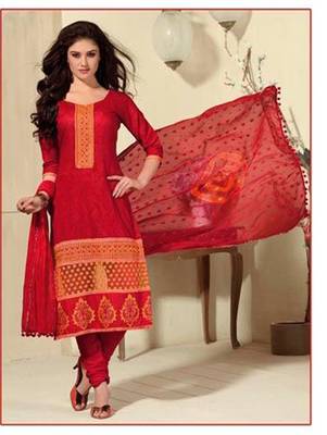Red and Orange Cotton Jaqcuard Party Wear Straight Suit 1