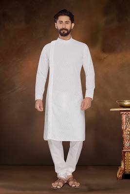 White Embroidered Cotton Poly Kurta Pajama 1