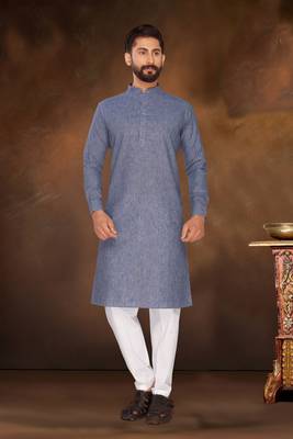 Blue Plain Polly Linen Kurta Pajama 1