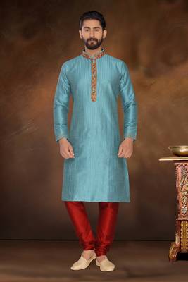 Firozi Blue Embroidered Dupion Silk Kurta Pajama 1