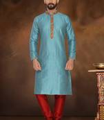 Firozi Blue Embroidered Dupion Silk Kurta Pajama