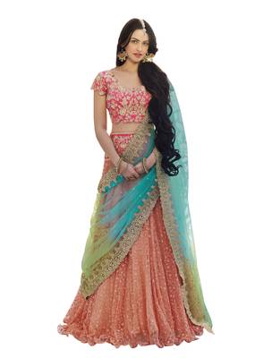 Pink Embroidered Net Semi Stitched Lehenga 1