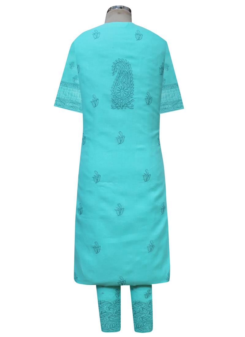 Ada Hand Embroidered Green Cotton Lucknow Chikankari Unstitched Suit Piece