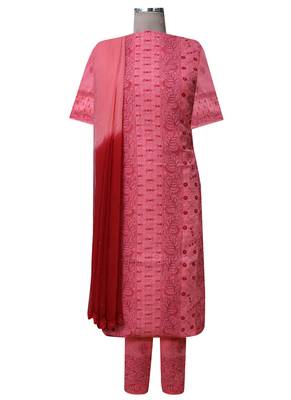 Ada Hand Embroidered Carrot Pink Cotton Lucknow Chikankari Unstitched Suit Piece 1