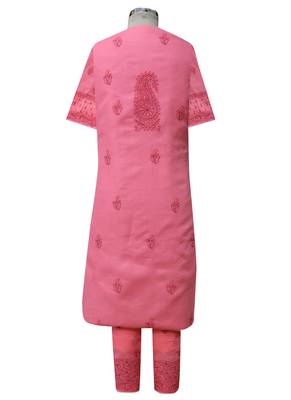 Ada Hand Embroidered Carrot Pink Cotton Lucknow Chikankari Unstitched Suit Piece 2