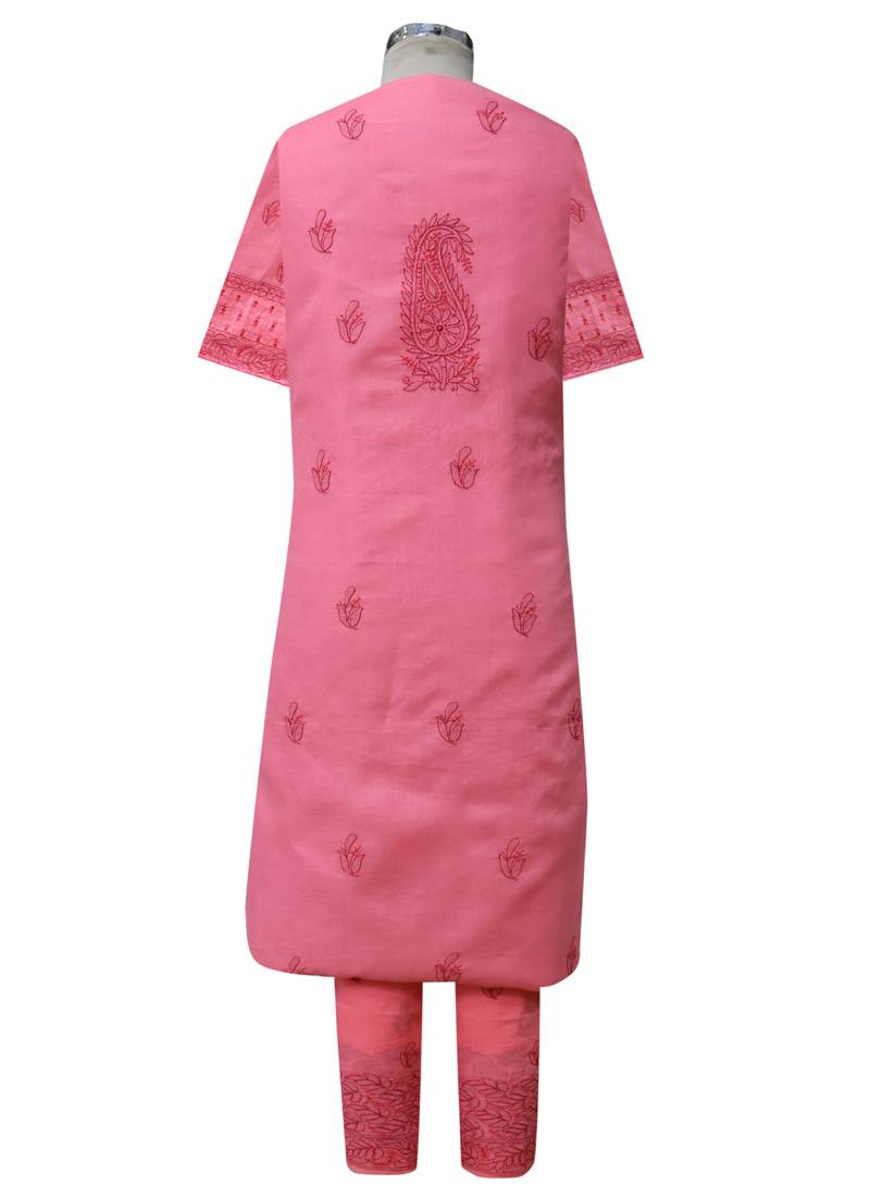 Ada Hand Embroidered Carrot Pink Cotton Lucknow Chikankari Unstitched Suit Piece
