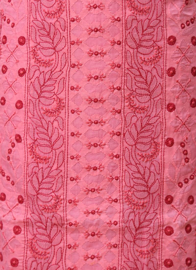 Ada Hand Embroidered Carrot Pink Cotton Lucknow Chikankari Unstitched Suit Piece