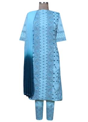 Ada Hand Embroidered Blue Cotton Lucknow Chikankari Unstitched Suit Piece 1