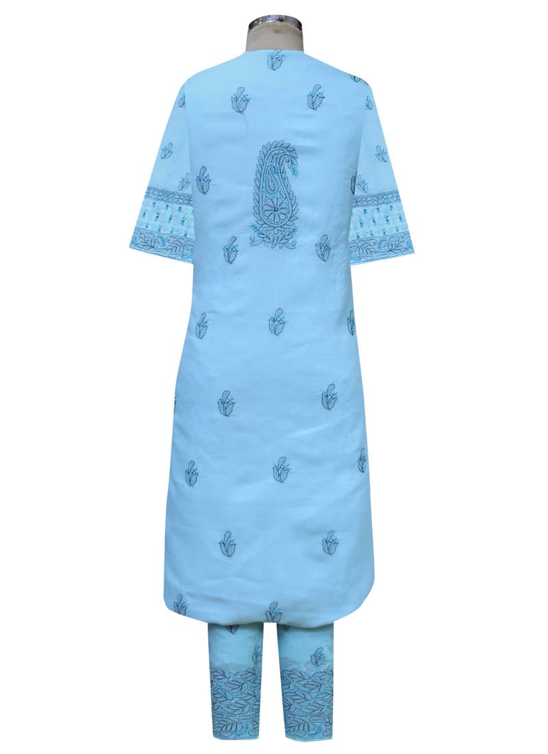 Ada Hand Embroidered Blue Cotton Lucknow Chikankari Unstitched Suit Piece
