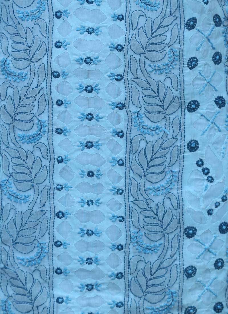 Ada Hand Embroidered Blue Cotton Lucknow Chikankari Unstitched Suit Piece