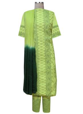 Ada Hand Embroidered Green Cotton Lucknow Chikankari Unstitched Suit Piece 1
