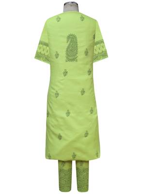 Ada Hand Embroidered Green Cotton Lucknow Chikankari Unstitched Suit Piece 2