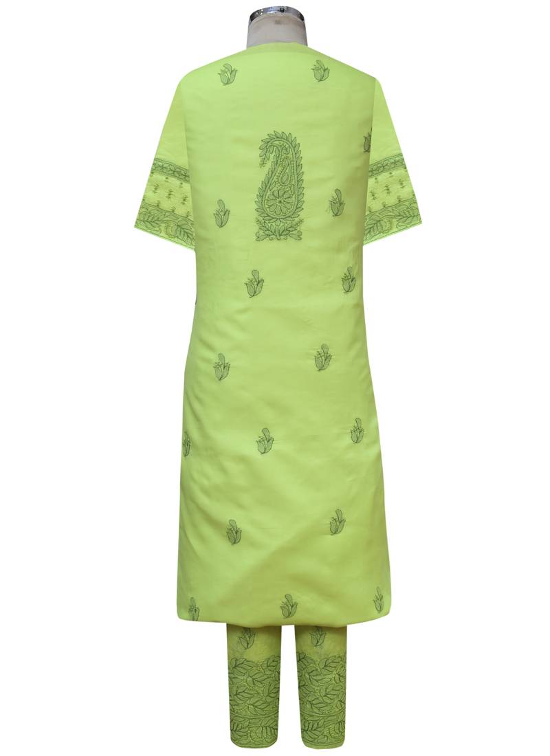 Ada Hand Embroidered Green Cotton Lucknow Chikankari Unstitched Suit Piece