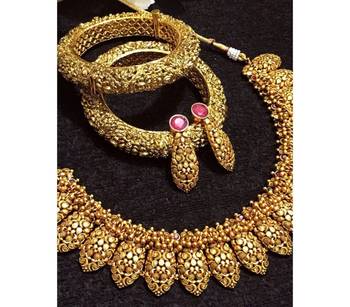 Gold Plated Temple Work Necklace Set with Bangles 1