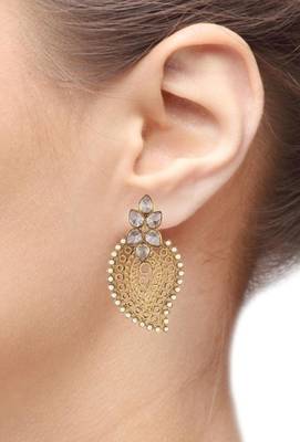 antique traditional CZ kundan pearl gold filigree large earring 3