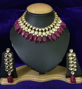 Gold Plated Kundan Necklace Set With Red Tumble Stones 1