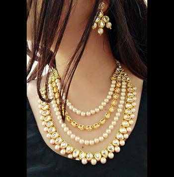 Gold Plated Kundan And Shell Pearls Multilayer Necklace Set 1