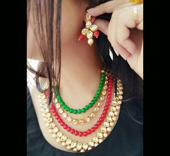 Red And Green Beads Kundan Necklac E Set 1