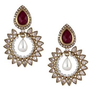 gold plated ruby pearl american diamond bali earring 1