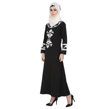 Black printed polyester stitched islamic abaya 3