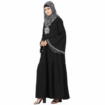Black printed polyester stitched islamic abaya 2