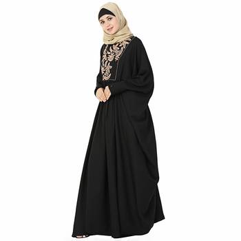 Black printed polyester stitched islamic abaya 2