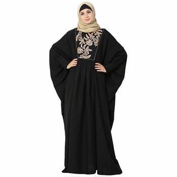 Black printed polyester stitched islamic abaya 1