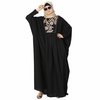 Black printed polyester stitched islamic abaya 4