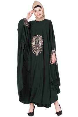 Dark Green Nida Plain Stitched Irani Kaftan Abaya 1
