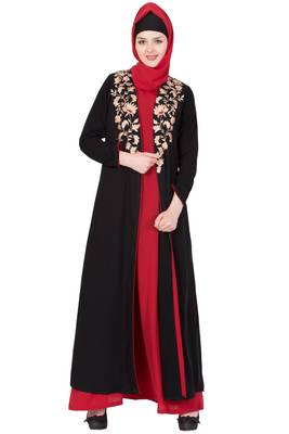Black And Red Nida Embroidered Stitched Islamic Abaya With Cardigan 1