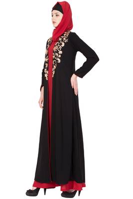 Black And Red Nida Embroidered Stitched Islamic Abaya With Cardigan 3