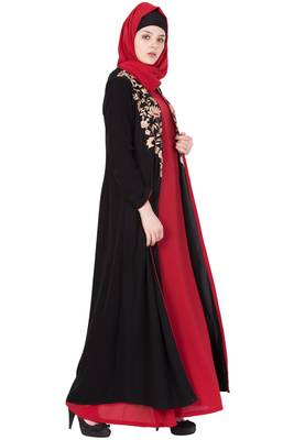Black And Red Nida Embroidered Stitched Islamic Abaya With Cardigan 4