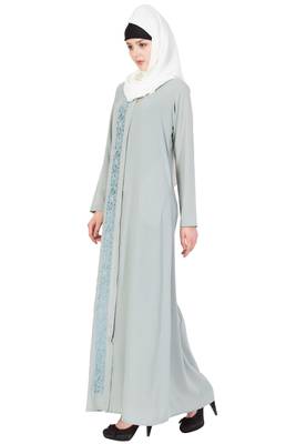 Grey Nida Embroidered Stitched Islamic Abaya 2