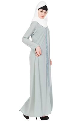 Grey Nida Embroidered Stitched Islamic Abaya 3