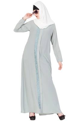 Grey Nida Embroidered Stitched Islamic Abaya 6