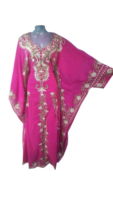 Hot Pink Georgette Kaftan Dress with Golden Zari Work 1