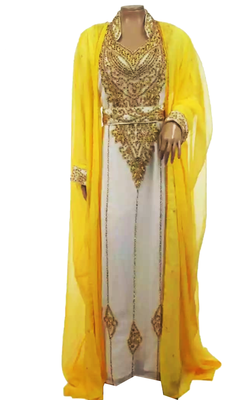 White And Yellow Embroidered Georgette Stitched Islamic Kaftan 1