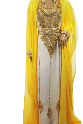 White And Yellow Embroidered Georgette Stitched Islamic Kaftan
