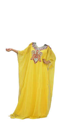 Yellow Embroidered Georgette Stitched Islamic Farasha 1