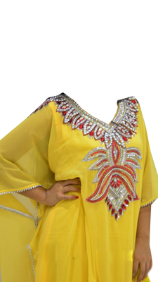 Yellow Embroidered Georgette Stitched Islamic Farasha 2