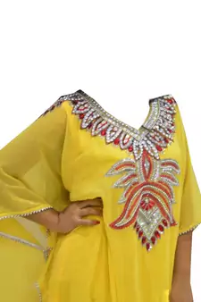 Yellow Embroidered Georgette Stitched Islamic Farasha