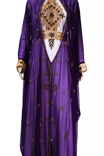 Purple And White Embroidered Georgette Stitched Islamic Kaftan