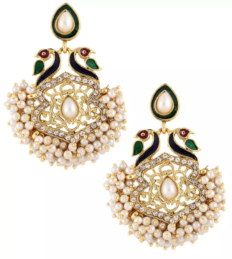 peacock mayur meenakari pearl gold plated chaand bali earring
