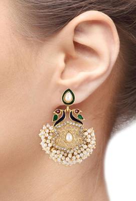 peacock mayur meenakari pearl gold plated chaand bali earring 3