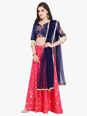 Pink abstract print silk semi stitched lehenga with dupatta 4