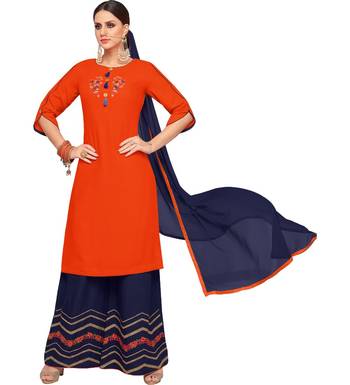 Orange & Navy Blue Rayon Embroidered Women's Palazzo Suit 1