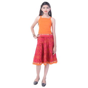 Orange Cotton Printed Set of Skirt and Top for Girls 1