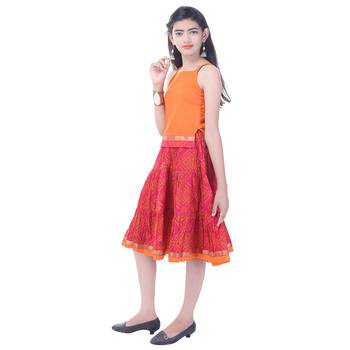 Orange Cotton Printed Set of Skirt and Top for Girls 3