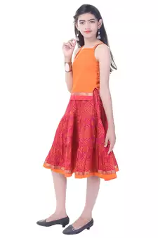 Orange Cotton Printed Set of Skirt and Top for Girls