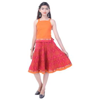 Orange Cotton Printed Set of Skirt and Top for Girls 4